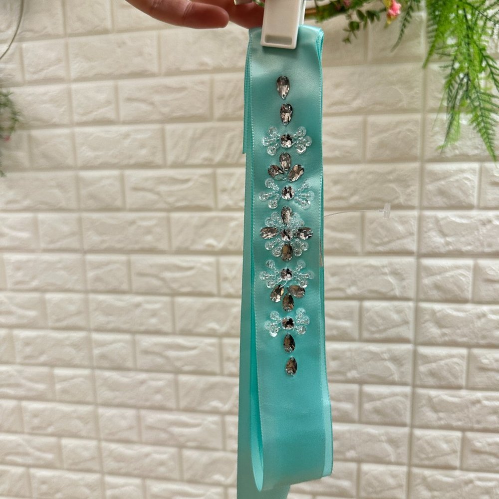 Aqua Blue Satin Flower Girl Belt with Beaded Center